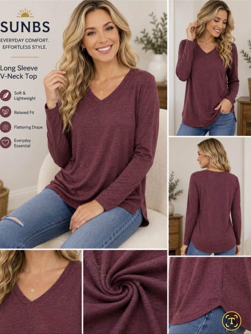 SUNBS Women's Long Sleeve V-Neck Tunic Top Medium NWT Heather Mauve Soft Stretch